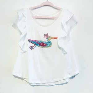 LIALEA Designer Sequin Duck Mesh Ruffle Sleeve White Blouse Sz 5-6